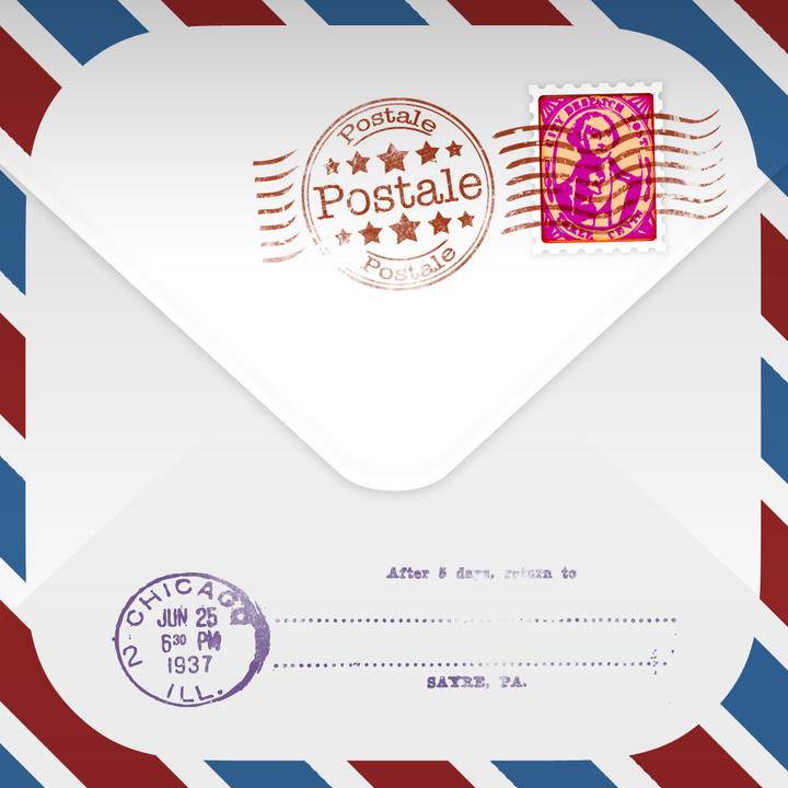 Postale app icon with a multicolored skeuomorphism rounded rectangle design featuring an airmail envelope.