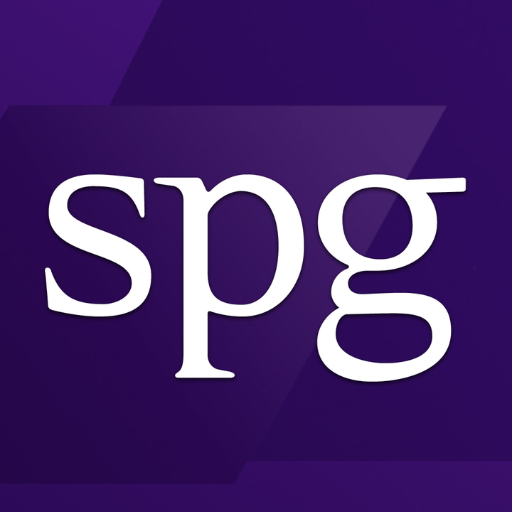 SPG app icon with a purple flat minimalist rounded rectangle design featuring a serif typography.