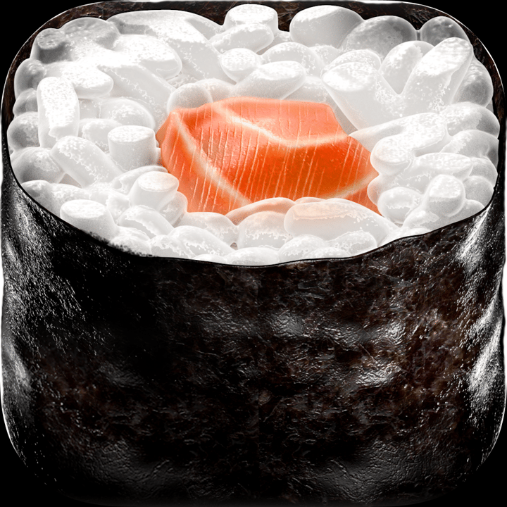 Sooshi app icon with a black skeuomorphism squircle design featuring a salmon sushi.