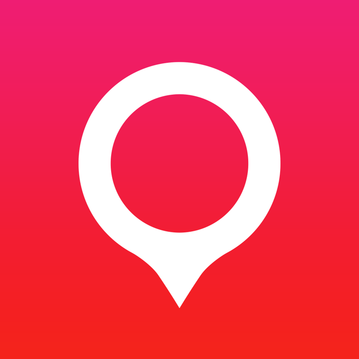 Sphere app icon with a red flat minimalist rounded rectangle design featuring a hollow map pin.