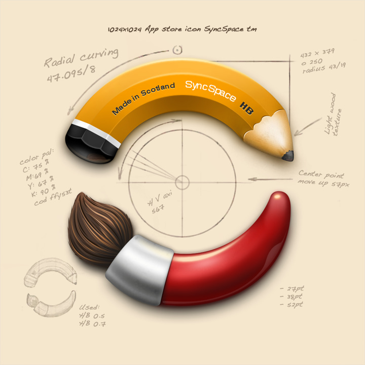 Syncspace app icon with a brown skeuomorphism circle design featuring a pencil and paintbrush.
