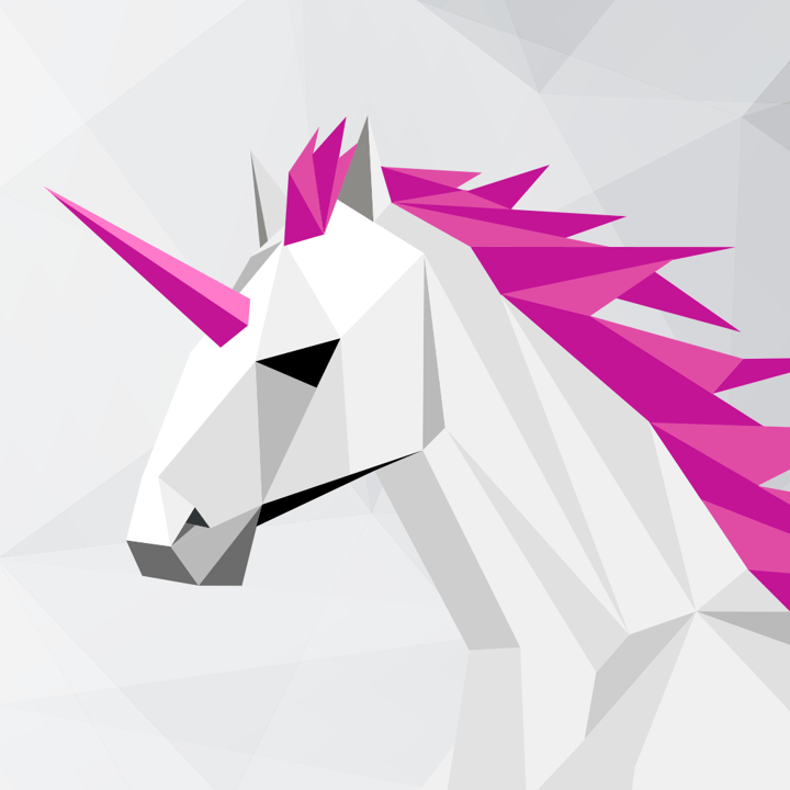 UNICORN app icon with a gray low poly geometric squircle design featuring a bird.