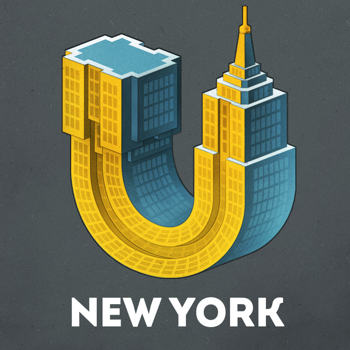Urban Walks app icon with a gray isometric illustration u-shaped structure design featuring a skyscrapers forming letter u.