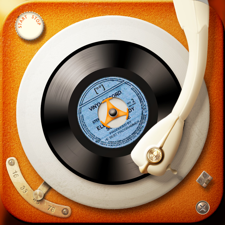 Vinyl app icon with a orange skeuomorphism squircle design featuring a vinyl record player.