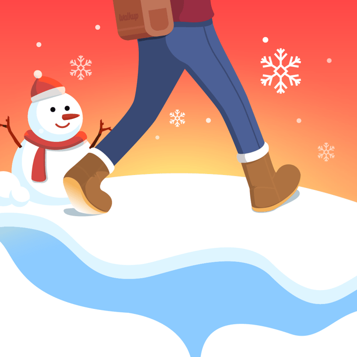 WALKUP New Year app icon with a multicolored 3D cartoon squircle design featuring a winter walker and snowman.