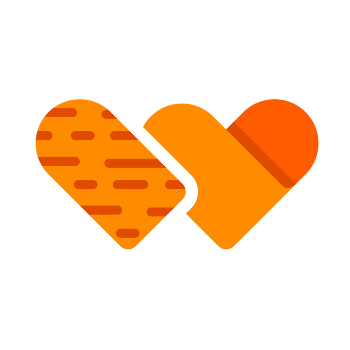 Woodpost by Fuzel app icon with a orange flat minimalist organic shape design featuring a mended heart and solid heart.