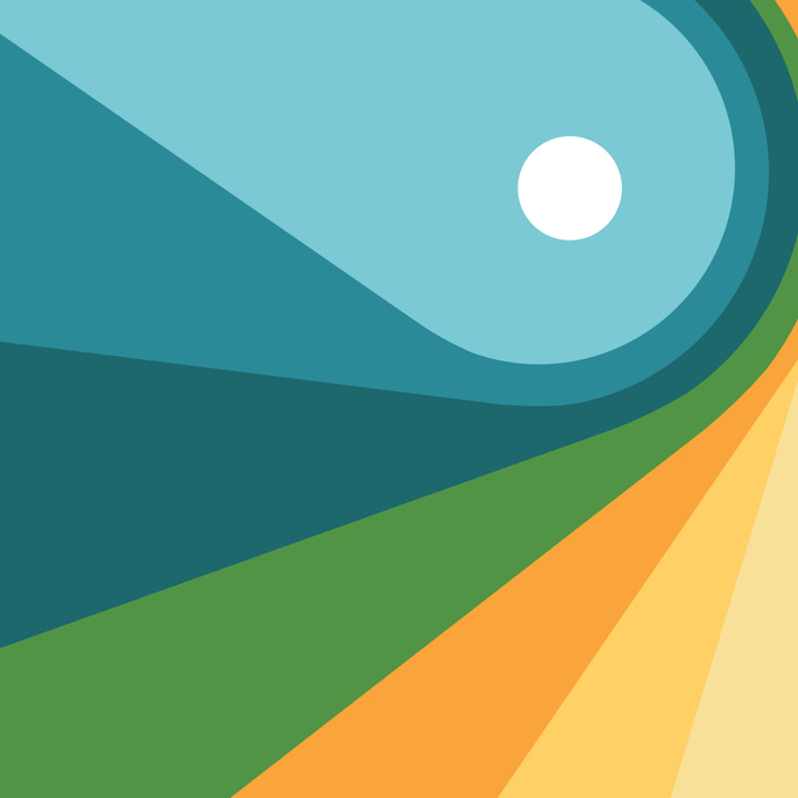 Assembly app icon with a blue flat minimalist squircle design featuring an abstract sun and hills.