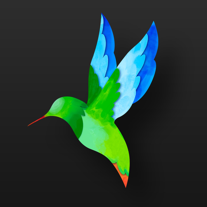 BeCasso: Photo to Painting App app icon with a black flat minimalist squircle design featuring a hummingbird.