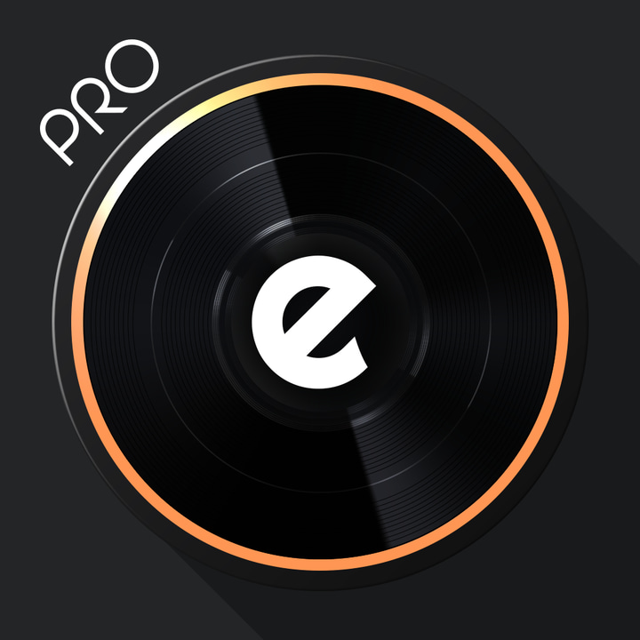 edjing Pro DJ Music Mixer app icon with a black skeuomorphism circle design featuring a vinyl record.