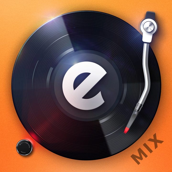 edjing Mix app icon with a orange skeuomorphism circle design featuring a vinyl record with letter e.