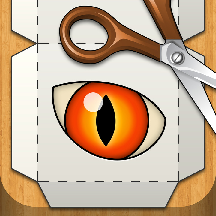 Foldify Dinosaurs app icon with a white skeuomorphism squircle design featuring a scissors and eye.