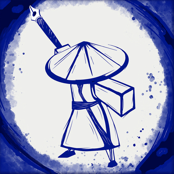 Inked app icon with a white line art rounded rectangle design featuring a warrior with umbrella and package.