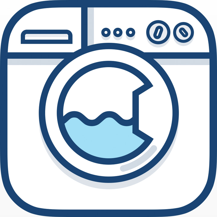 Laundry Day app icon with a white flat minimalist squircle design featuring a smart dashboard.