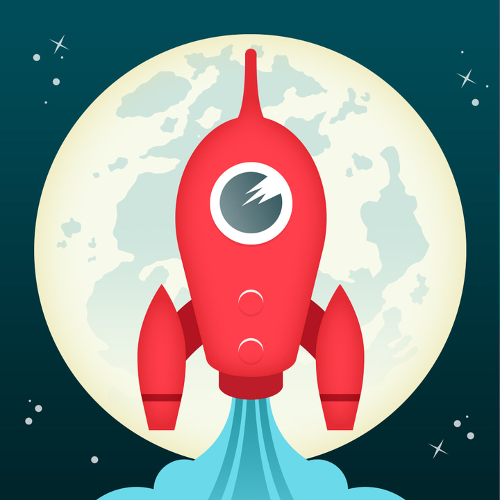 Let's Go Rocket app icon with a blue 3D cartoon circle design featuring a rocket ship.