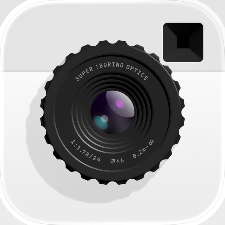 (Not Boring) Camera app icon with a white skeuomorphism squircle design featuring a camera lens.