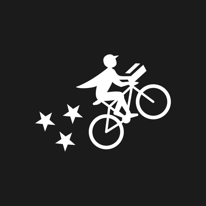 Postmates app icon with a black flat minimalist squircle design featuring a cyclist.