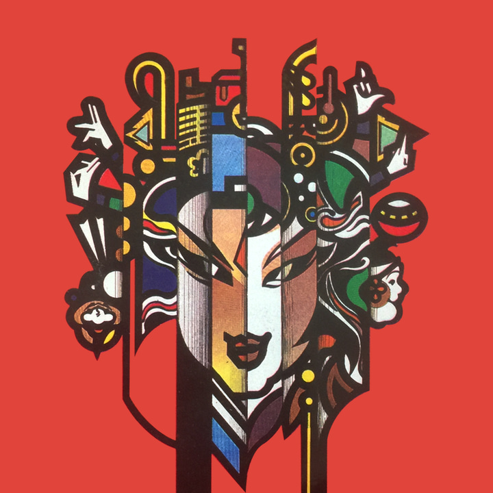 听戏 app icon with a red stylized cubist vector organic shield design featuring a stylized opera mask.