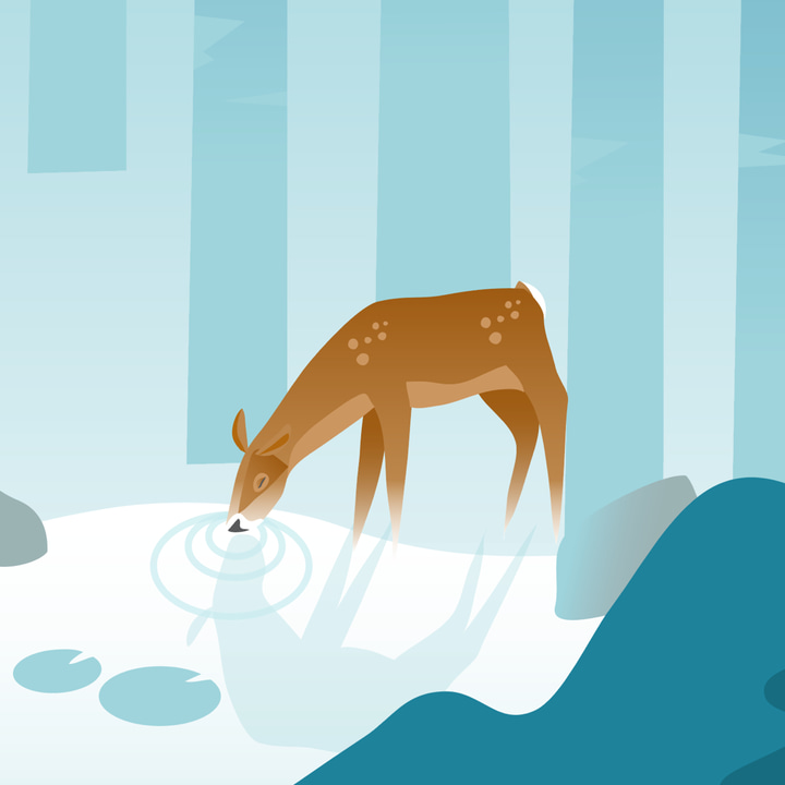 Wildfulness app icon with a blue flat minimalist organic shape design featuring a deer drinking.