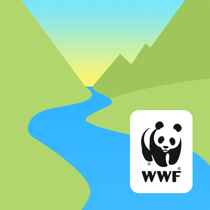 WWF Free Rivers app icon with a green flat minimalist squircle design featuring an abstract brand mark.