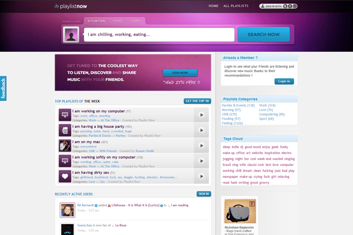 Playlistnow website preview