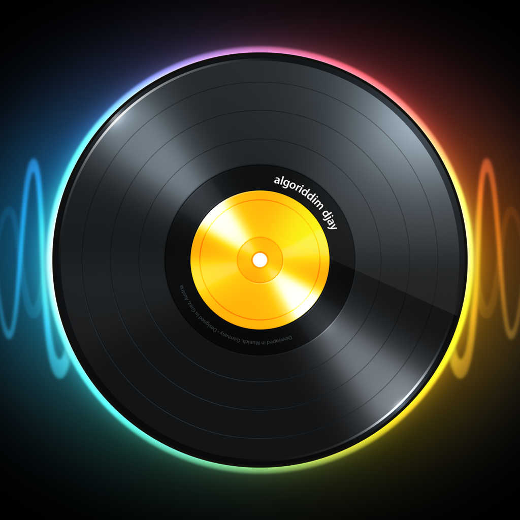 djay 2 app icon with a black skeuomorphism circle design featuring a vinyl record.