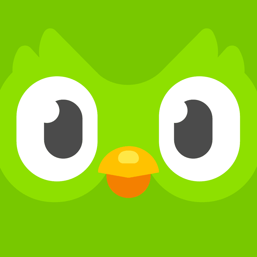 Duolingo app icon with a green flat minimalist organic shape design featuring an owl face.