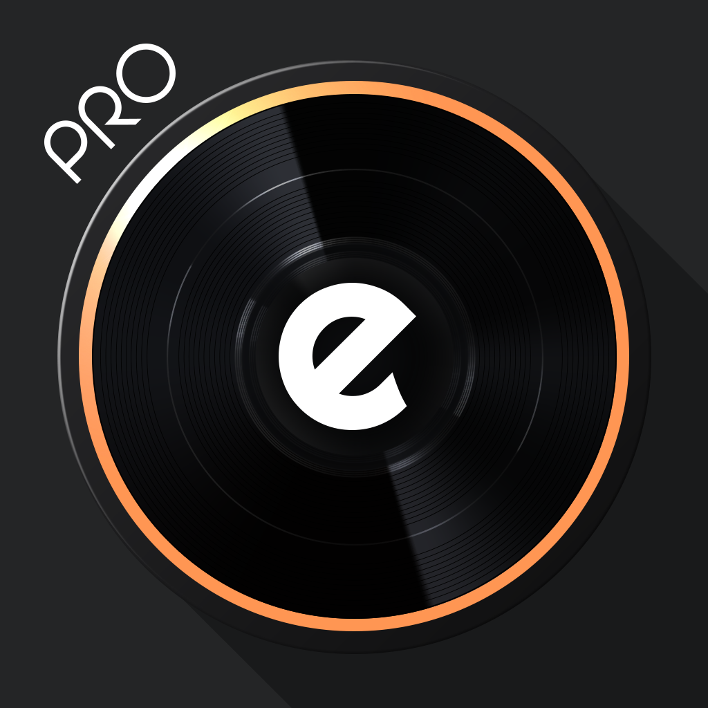 edjing Pro DJ Music Mixer app icon with a black skeuomorphism circle design featuring a vinyl record.