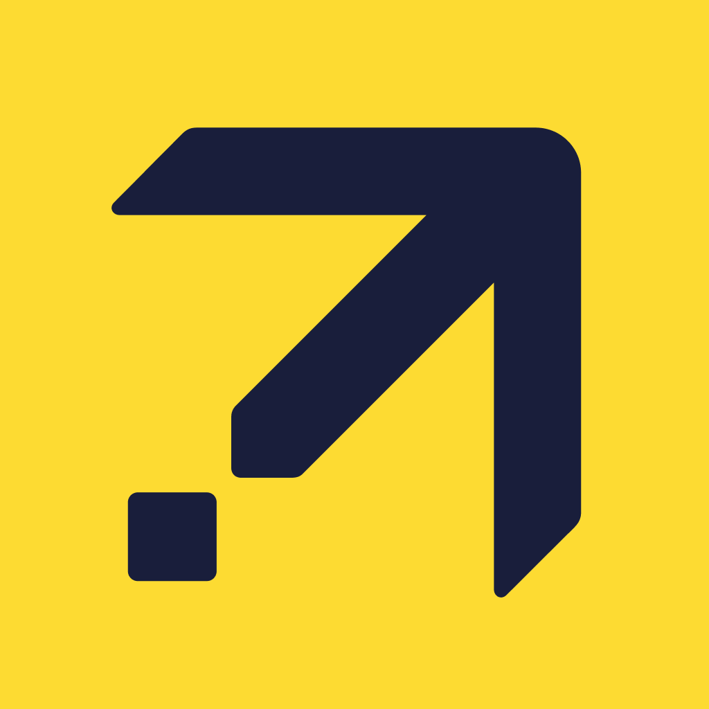 Expedia app icon with a yellow flat minimalist squircle design featuring an abstract geometric arrow.