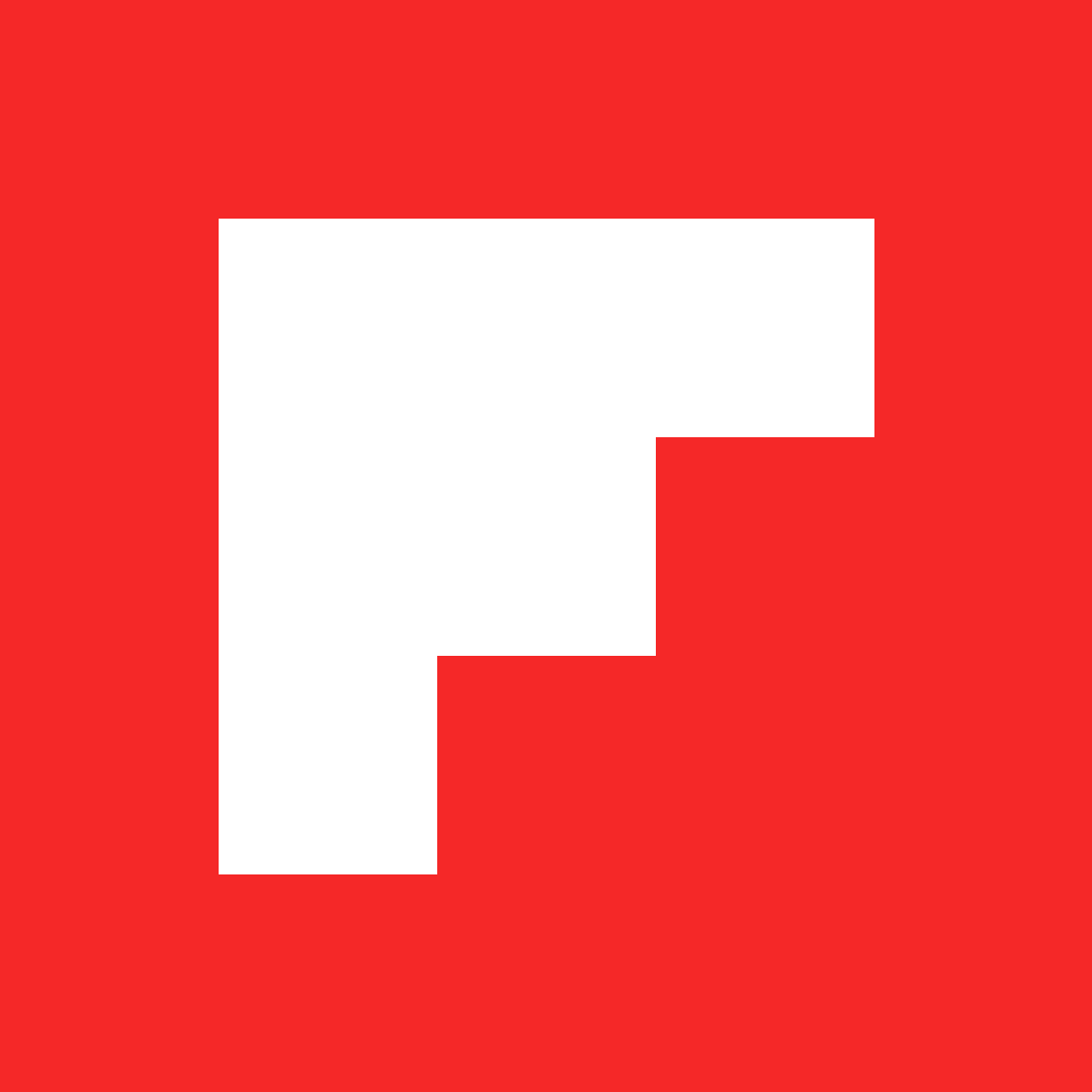 Flipboard app icon with a red flat minimalist sharp square design featuring a letter f.