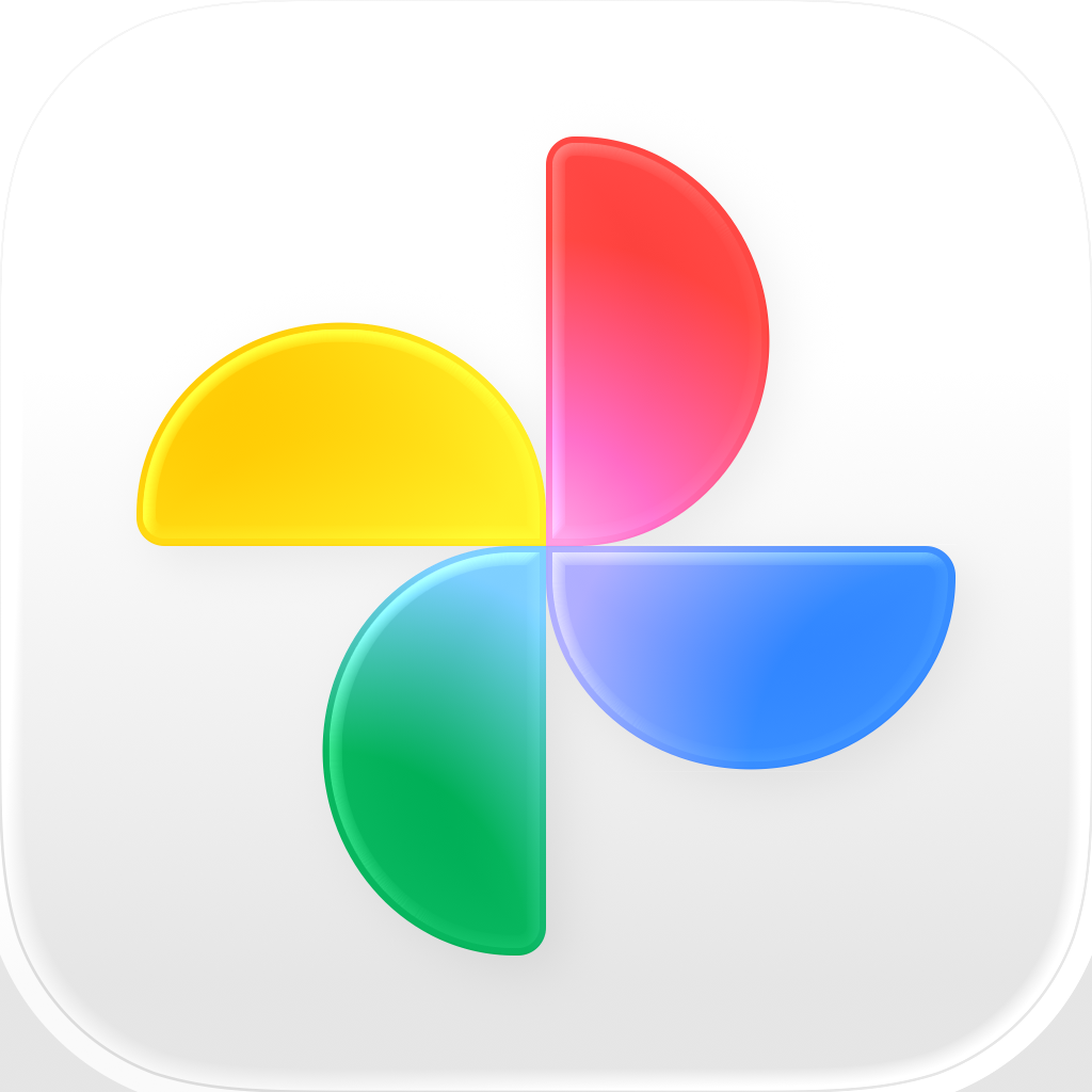 Google Photos app icon with a white soft 3D squircle design featuring an abstract pinwheel.