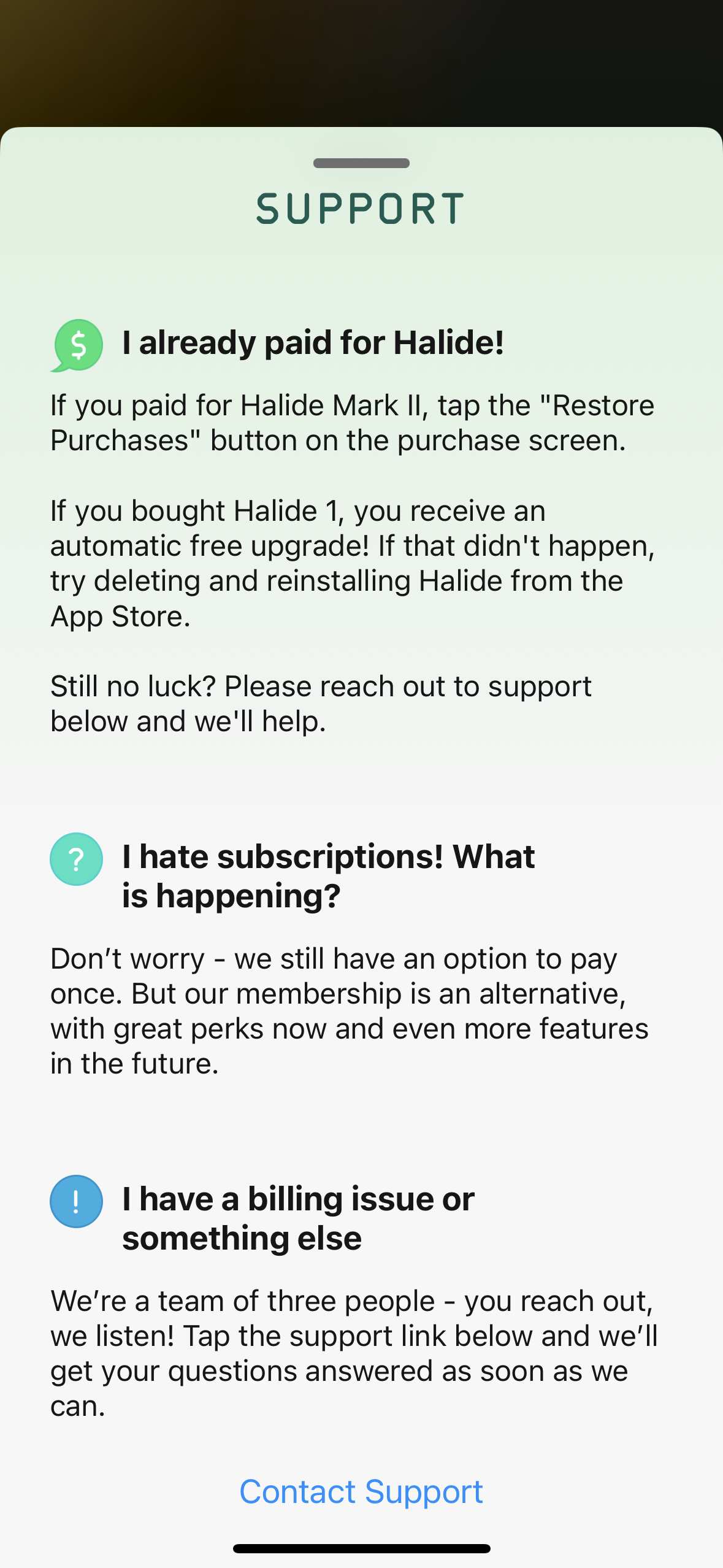 Halide Mark II Support
