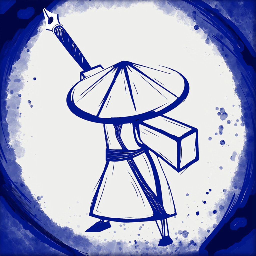 Inked app icon with a white line art rounded rectangle design featuring a warrior with umbrella and package.