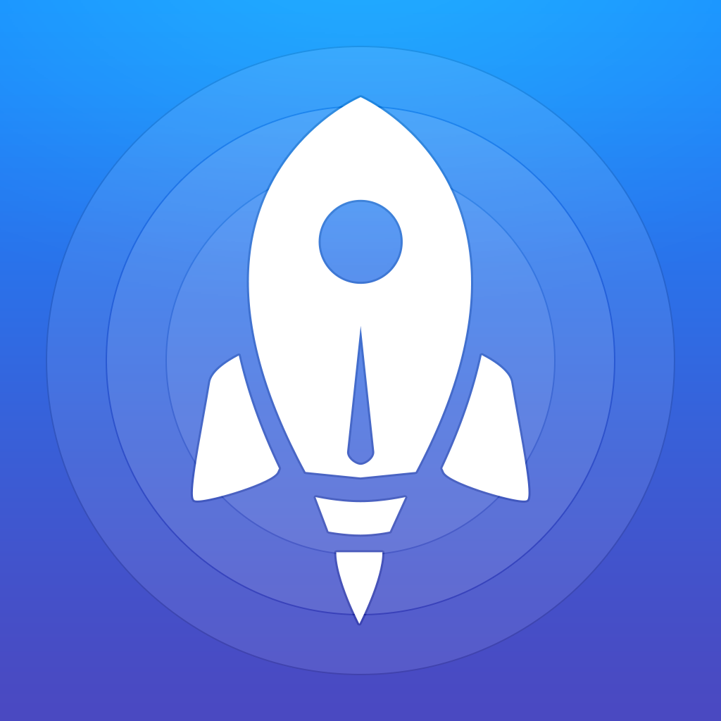 Launch Center Pro app icon with a blue flat minimalist circle design featuring a rocket.
