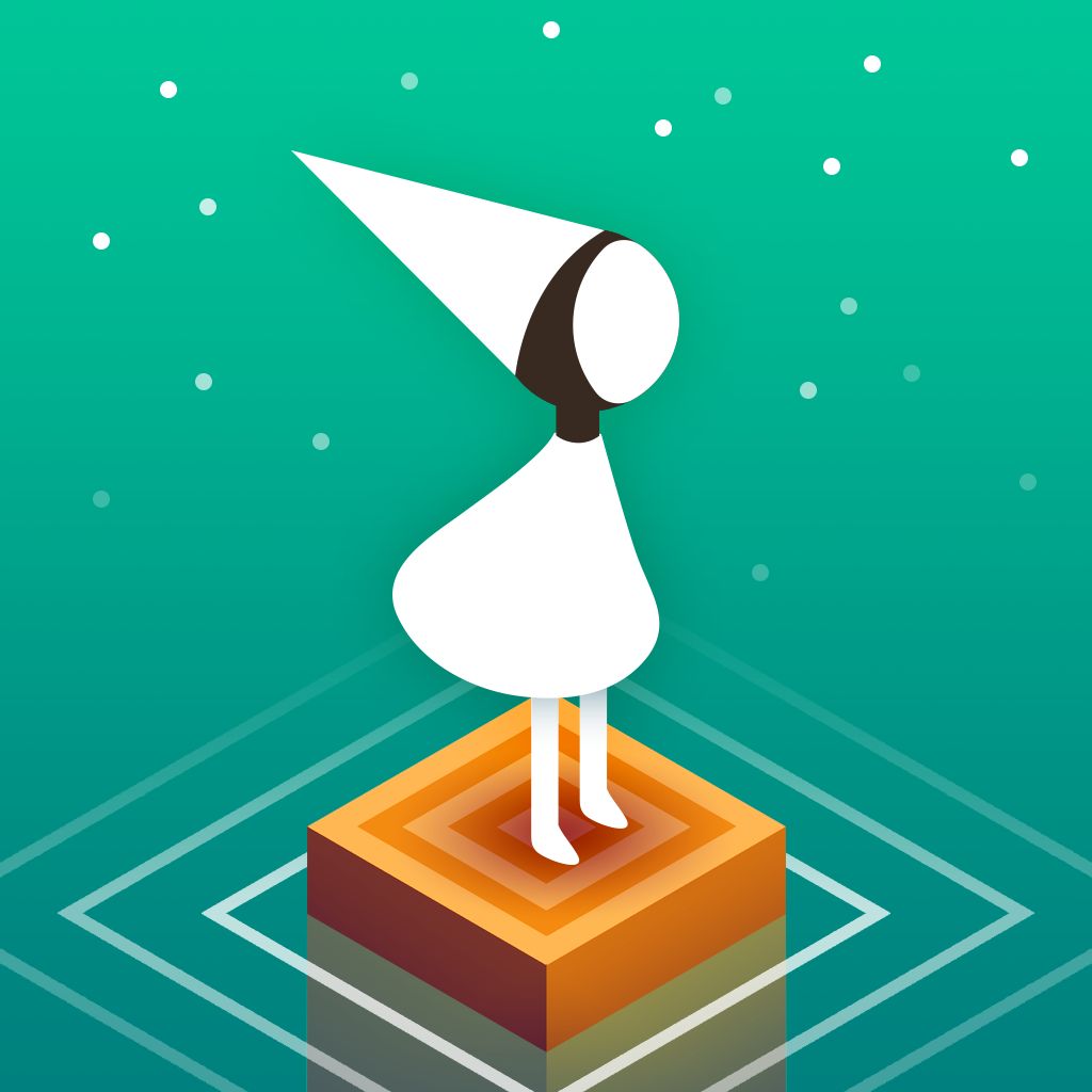 Monument Valley app icon with a blue flat minimalist isometric square design featuring a chess knight.