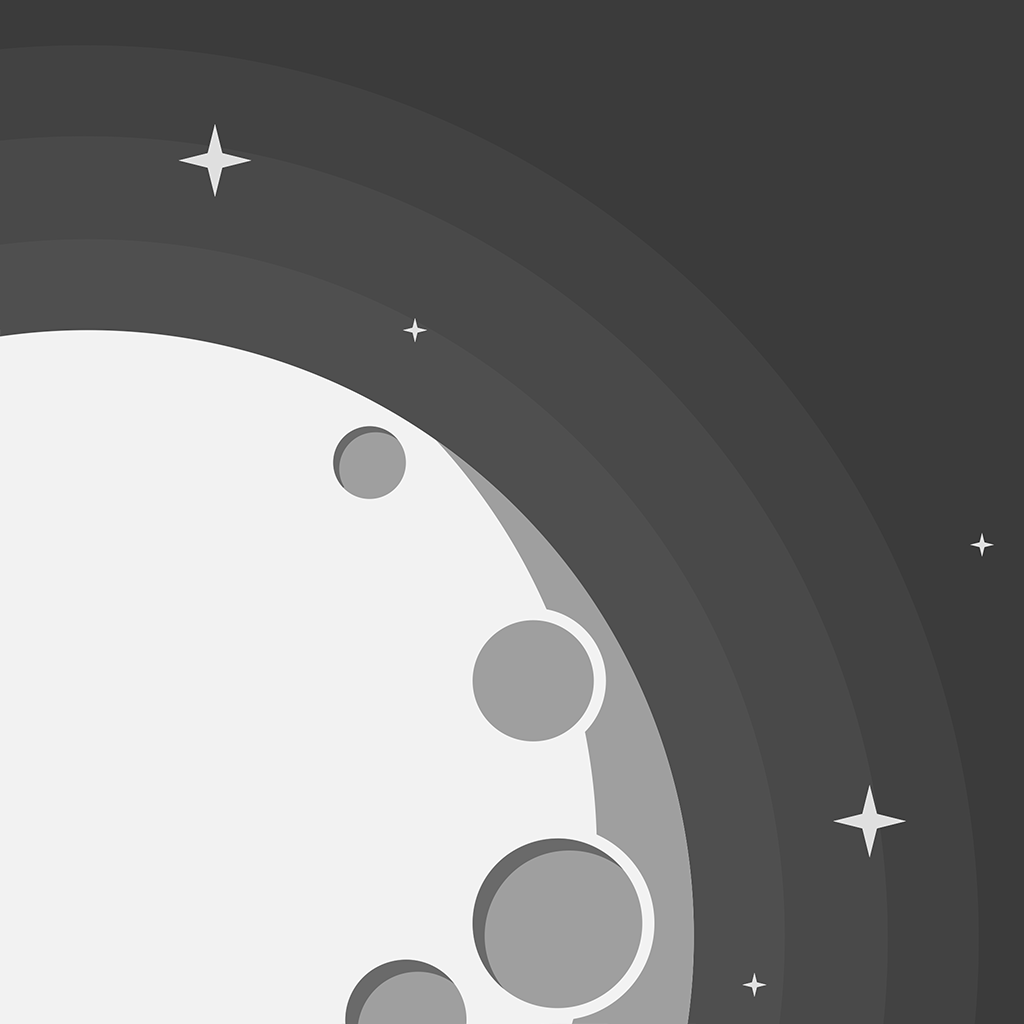 MOON app icon with a gray flat minimalist squircle design featuring a moon and orbital rings.