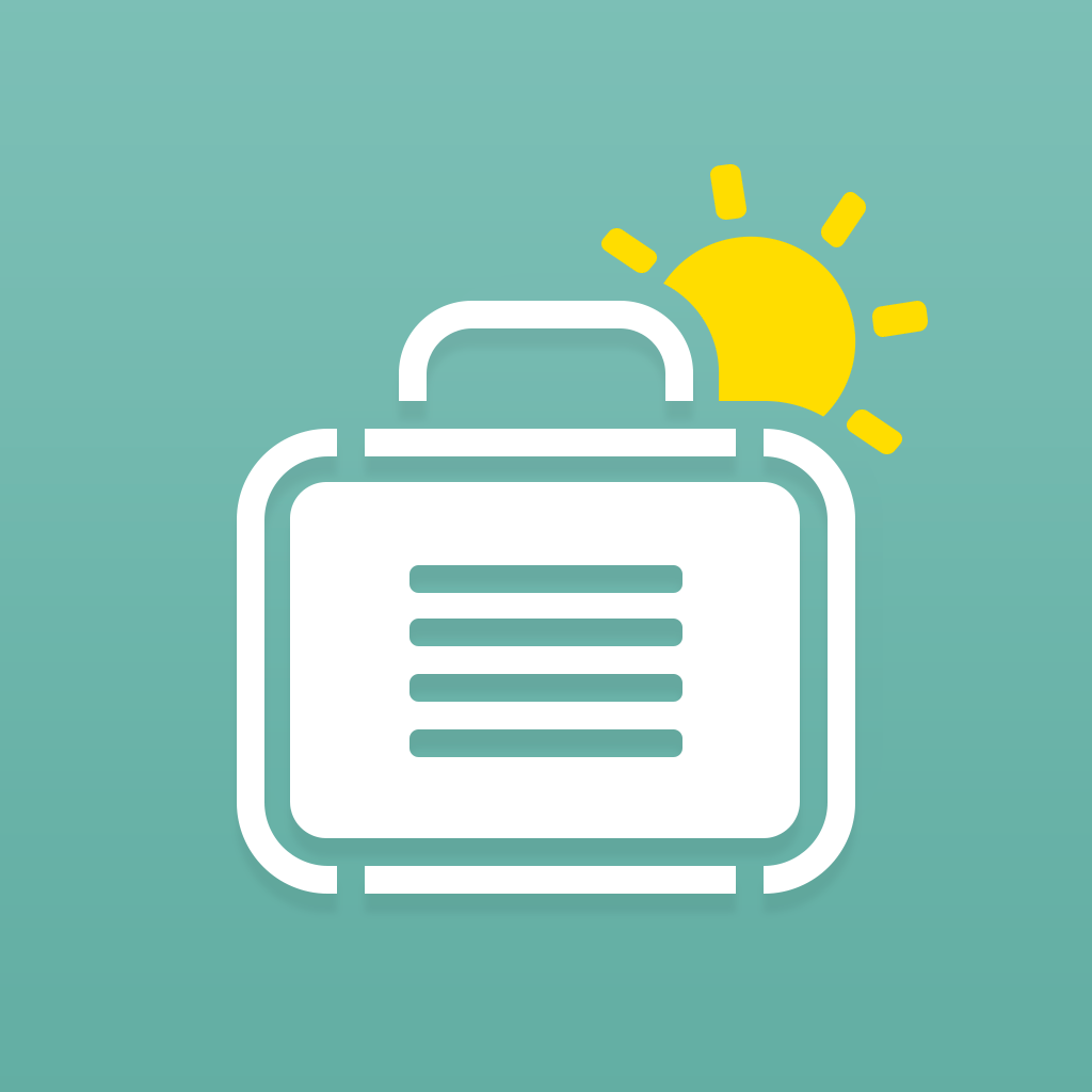 PackPoint Travel Packing List app icon with a blue flat minimalist rounded rectangle design featuring a briefcase with sun.