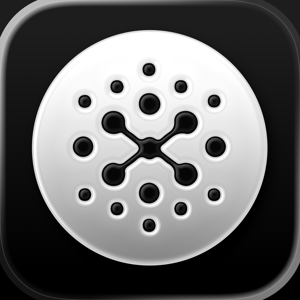 Particle app icon with a black soft 3D rounded rectangle design featuring a network node hub.