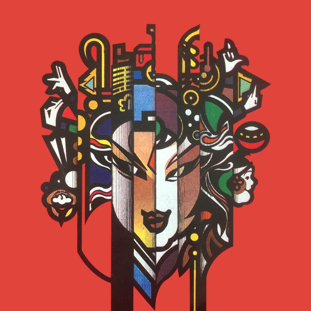 听戏 app icon with a red stylized cubist vector organic shield design featuring a stylized opera mask.
