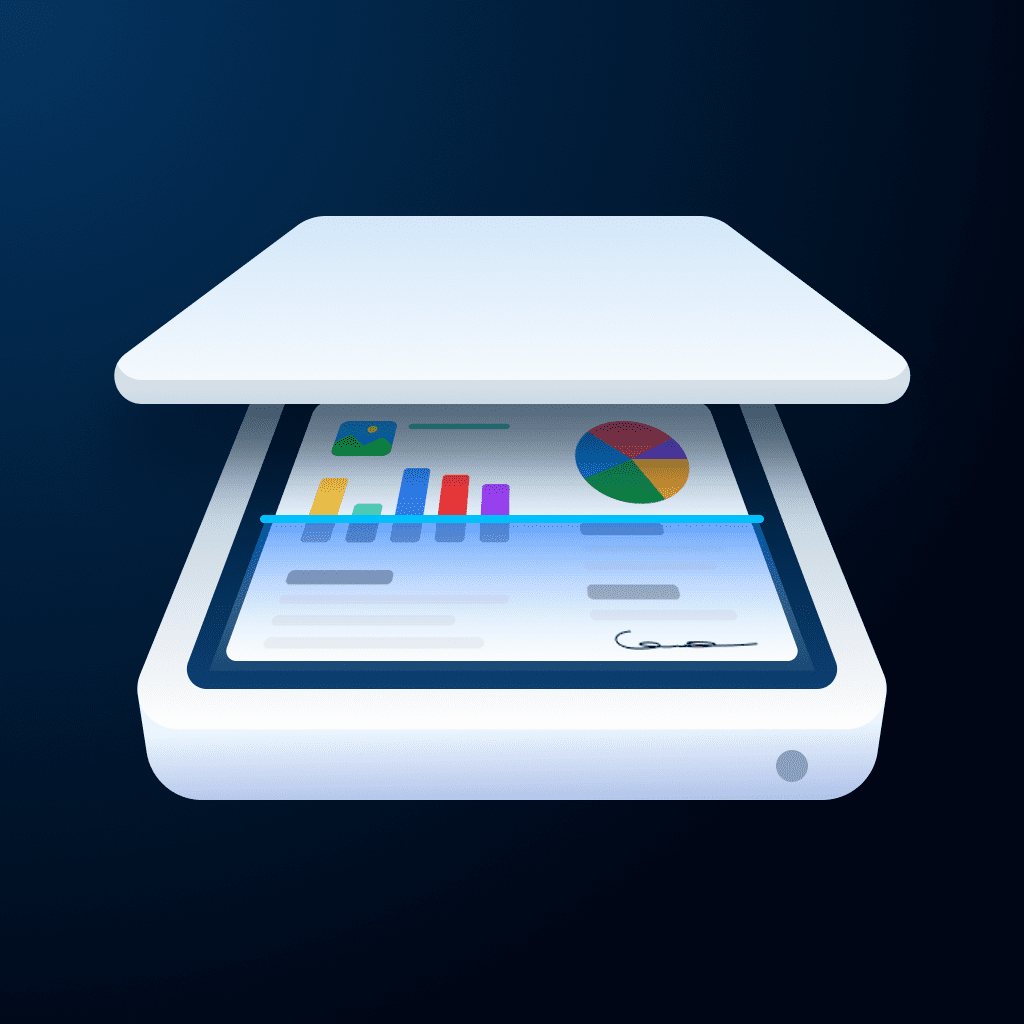 Tiny Scanner app icon with a blue soft 3D rounded rectangle design featuring a scanner.