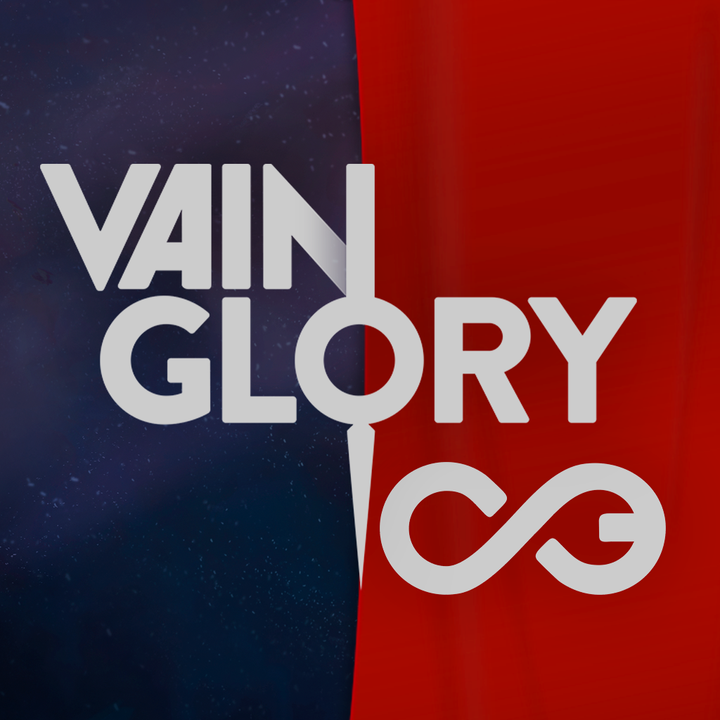Vainglory app icon with a red flat minimalist square design featuring a typography logo.