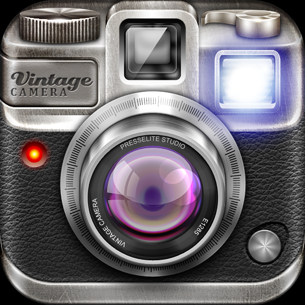 Vintage Camera app icon with a gray skeuomorphism squircle design featuring a vintage camera.